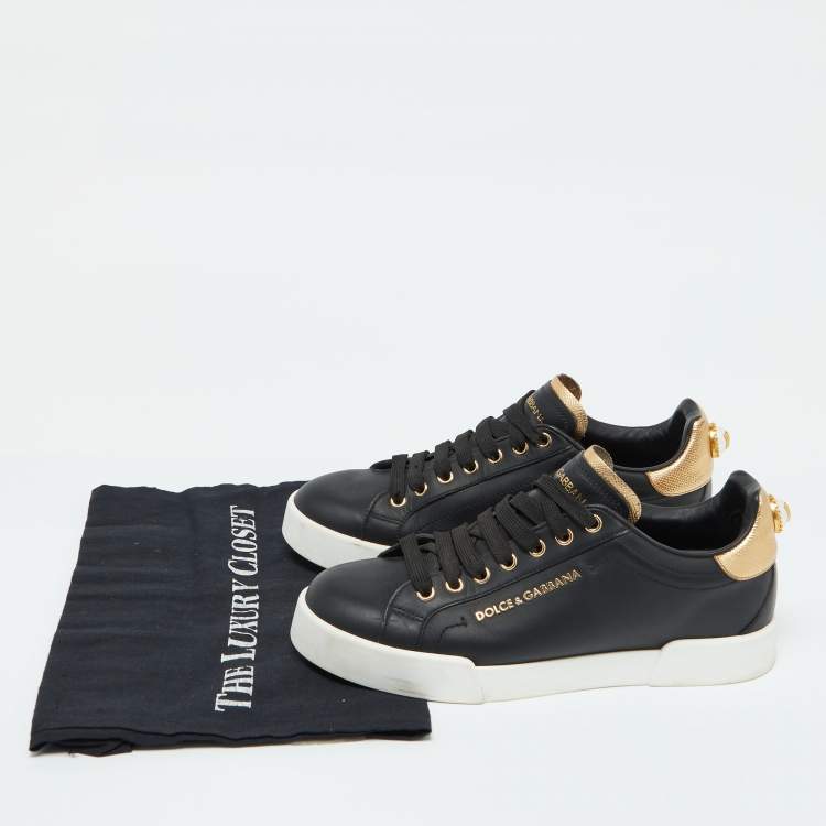 Pre Owned Dolce & Gabbana Black Leather Portofino Pearl Embellished Low Top Sneakers Size 39.5