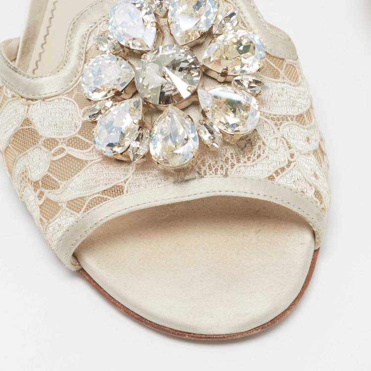 Pre Owned Dolce & Gabbana Light Grey Lace Bianca Flat Slides Size 35.5