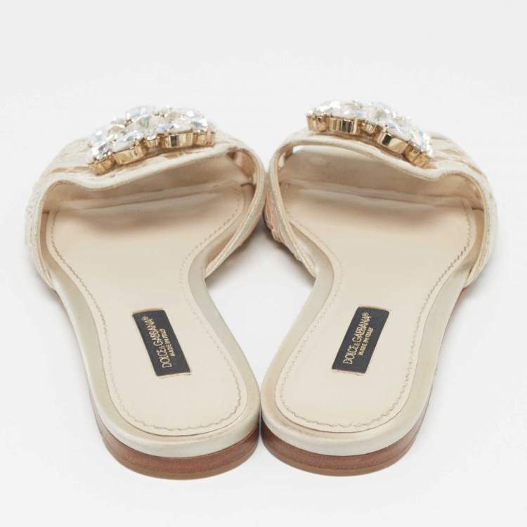Pre Owned Dolce & Gabbana Light Grey Lace Bianca Flat Slides Size 35.5