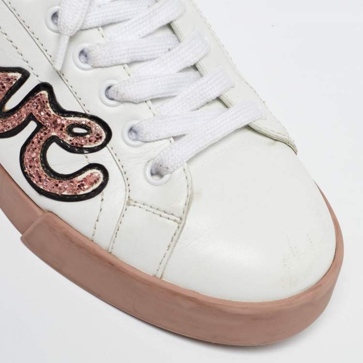 Pre Owned Dolce & Gabbana White Leather Love Applique Portofino Low Top Sneakers Size 38