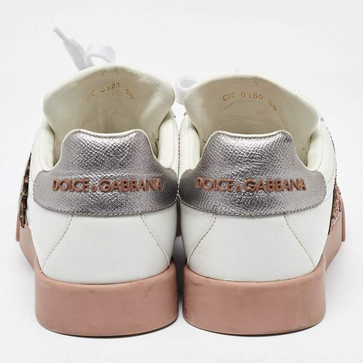Pre Owned Dolce & Gabbana White Leather Love Applique Portofino Low Top Sneakers Size 38