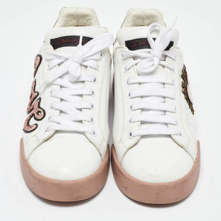 Pre Owned Dolce & Gabbana White Leather Love Applique Portofino Low Top Sneakers Size 38