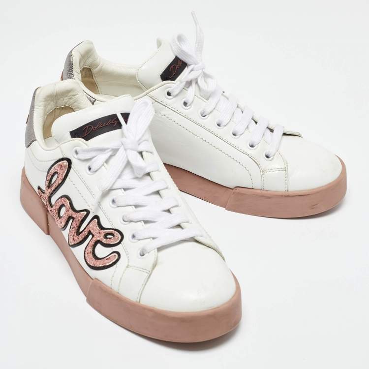 Pre Owned Dolce & Gabbana White Leather Love Applique Portofino Low Top Sneakers Size 38