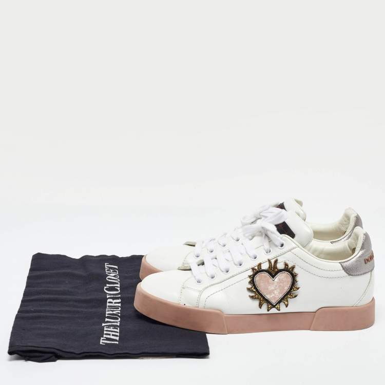 Pre Owned Dolce & Gabbana White Leather Love Applique Portofino Low Top Sneakers Size 38