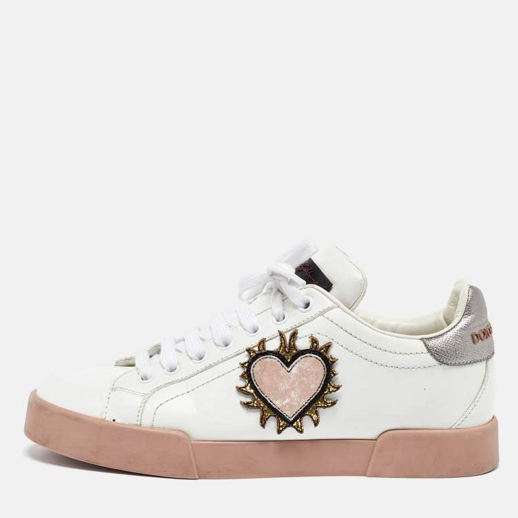 Pre Owned Dolce & Gabbana White Leather Love Applique Portofino Low Top Sneakers Size 38