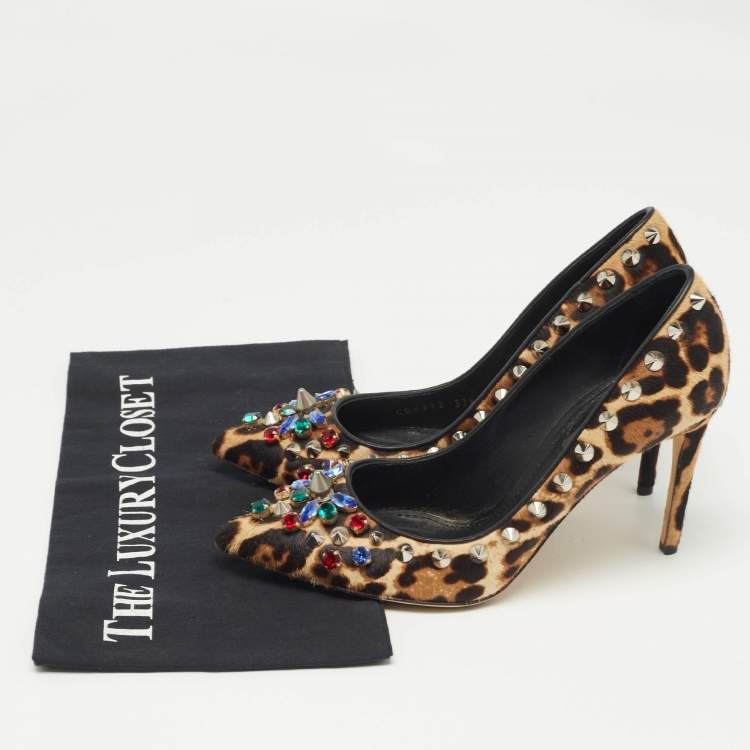 Pre Owned Dolce & Gabbana Brown/Beige Leopard Print Calf Hair Studded Pumps Size 37.5