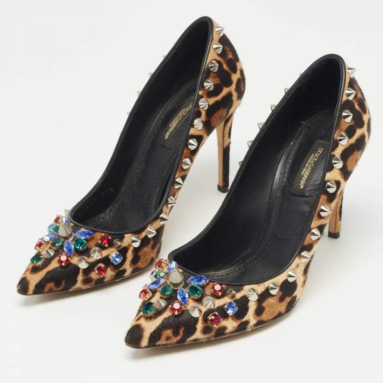 Pre Owned Dolce & Gabbana Brown/Beige Leopard Print Calf Hair Studded Pumps Size 37.5