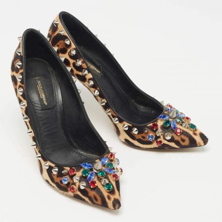 Pre Owned Dolce & Gabbana Brown/Beige Leopard Print Calf Hair Studded Pumps Size 37.5