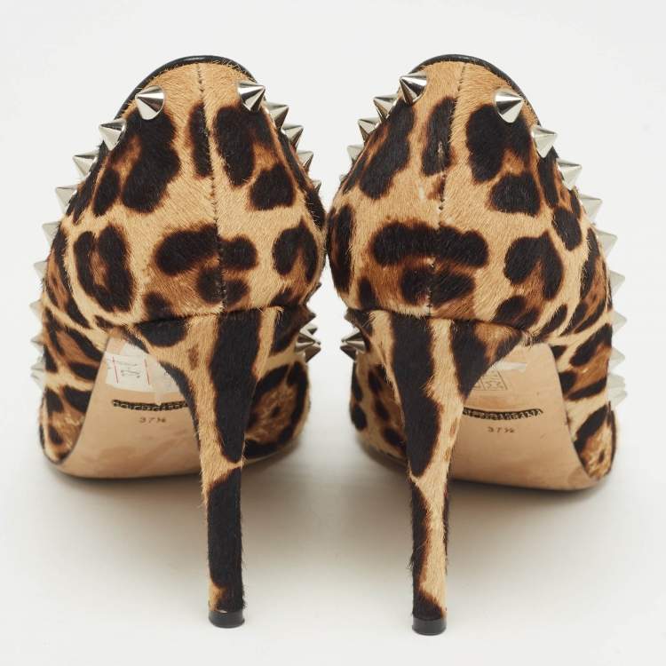 Pre Owned Dolce & Gabbana Brown/Beige Leopard Print Calf Hair Studded Pumps Size 37.5