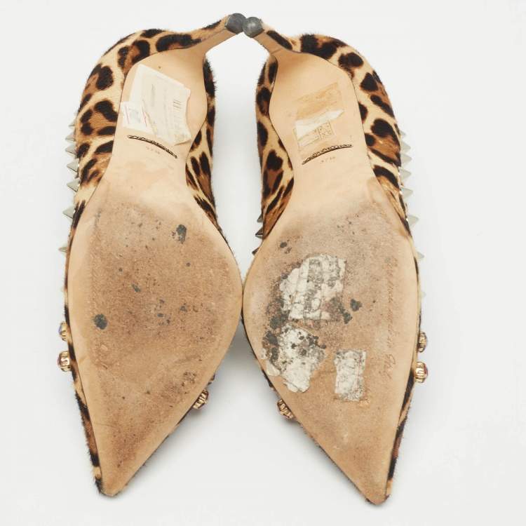 Pre Owned Dolce & Gabbana Brown/Beige Leopard Print Calf Hair Studded Pumps Size 37.5