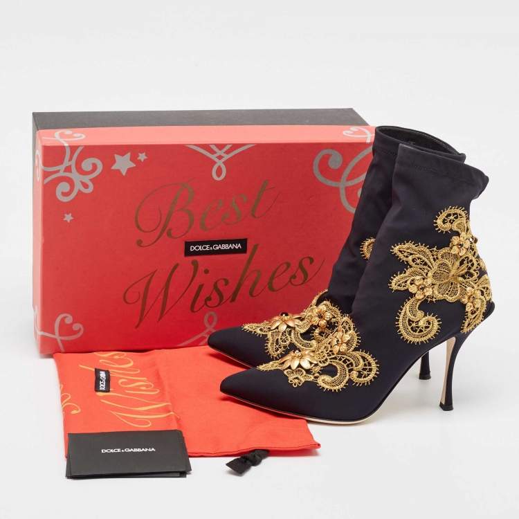 Pre Owned Dolce & Gabbana Black/Gold Baroque Embroidered Fabric Lori Ankle Boots Size 39