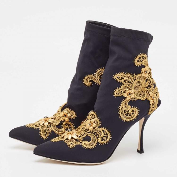 Pre Owned Dolce & Gabbana Black/Gold Baroque Embroidered Fabric Lori Ankle Boots Size 39