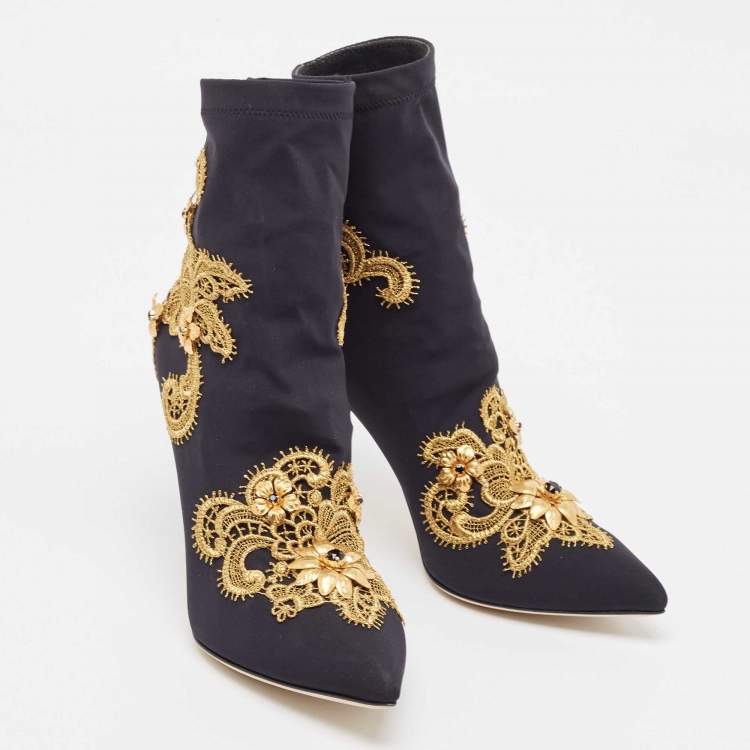 Pre Owned Dolce & Gabbana Black/Gold Baroque Embroidered Fabric Lori Ankle Boots Size 39