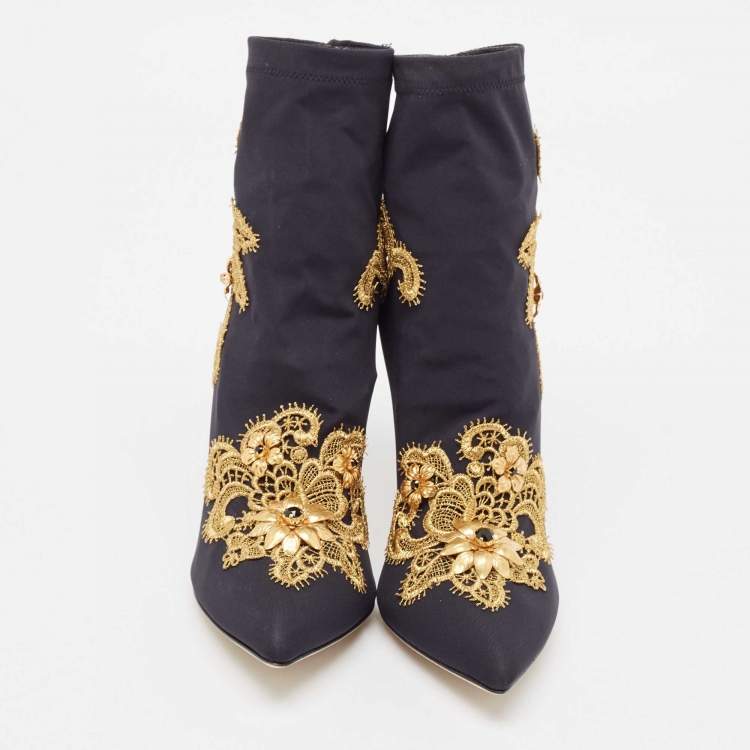 Pre Owned Dolce & Gabbana Black/Gold Baroque Embroidered Fabric Lori Ankle Boots Size 39