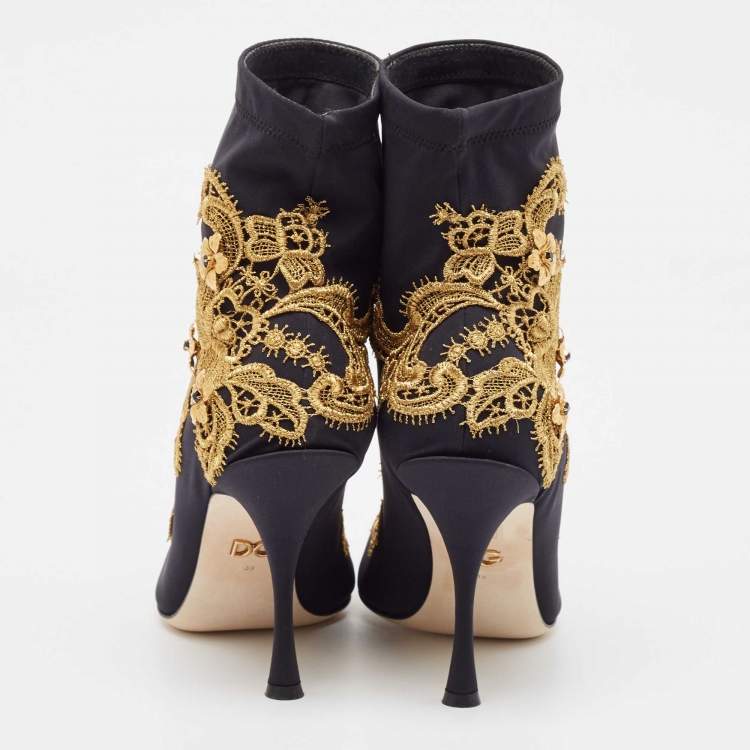 Pre Owned Dolce & Gabbana Black/Gold Baroque Embroidered Fabric Lori Ankle Boots Size 39