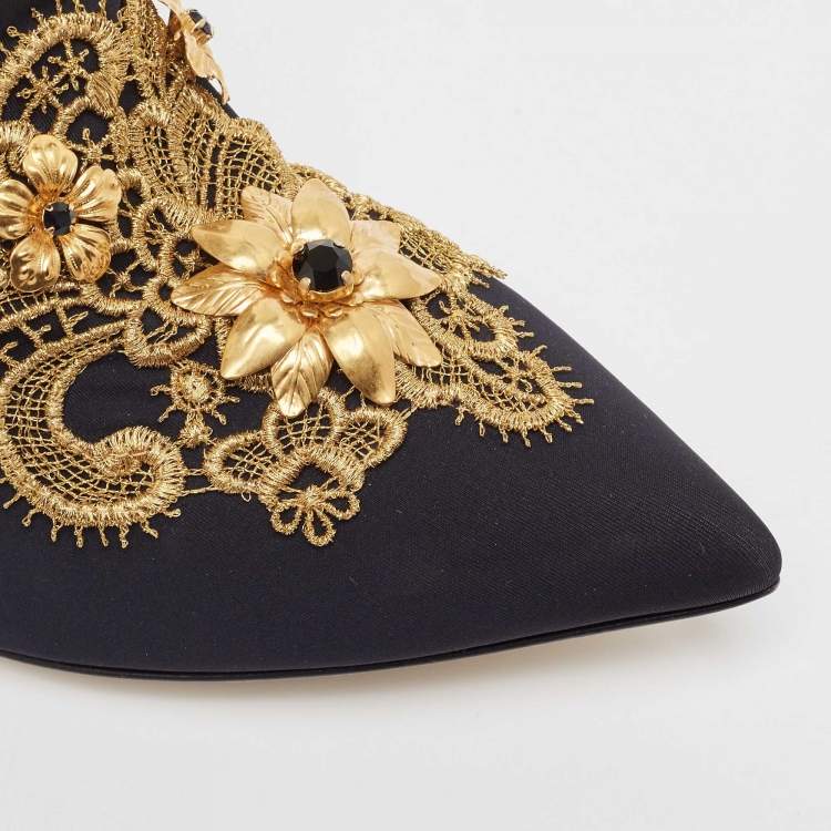 Pre Owned Dolce & Gabbana Black/Gold Baroque Embroidered Fabric Lori Ankle Boots Size 39