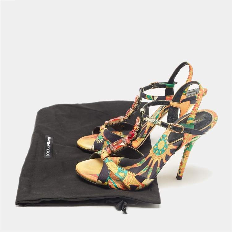 Pre Owned Dolce & Gabbana Multicolor Canvas Crystal Embellished Ankle Strap Sandals Size 39
