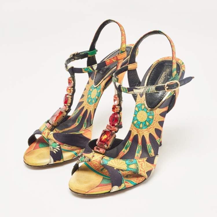 Pre Owned Dolce & Gabbana Multicolor Canvas Crystal Embellished Ankle Strap Sandals Size 39