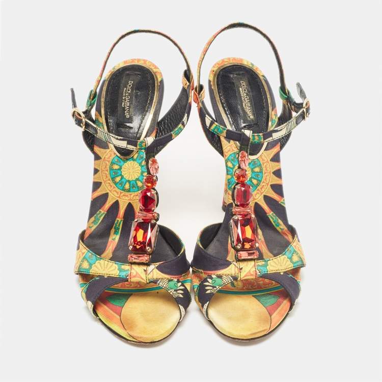Pre Owned Dolce & Gabbana Multicolor Canvas Crystal Embellished Ankle Strap Sandals Size 39