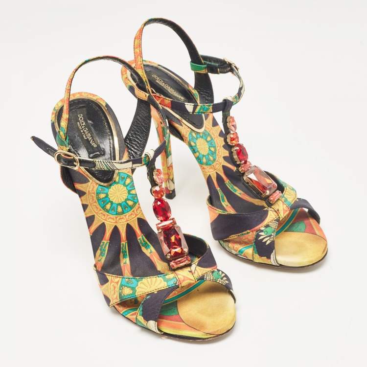 Pre Owned Dolce & Gabbana Multicolor Canvas Crystal Embellished Ankle Strap Sandals Size 39