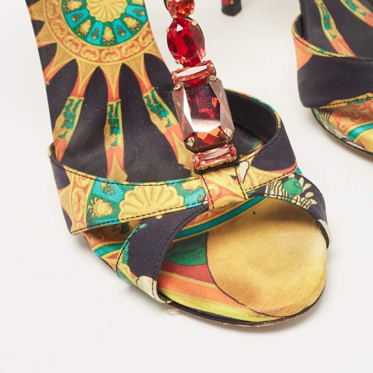 Pre Owned Dolce & Gabbana Multicolor Canvas Crystal Embellished Ankle Strap Sandals Size 39