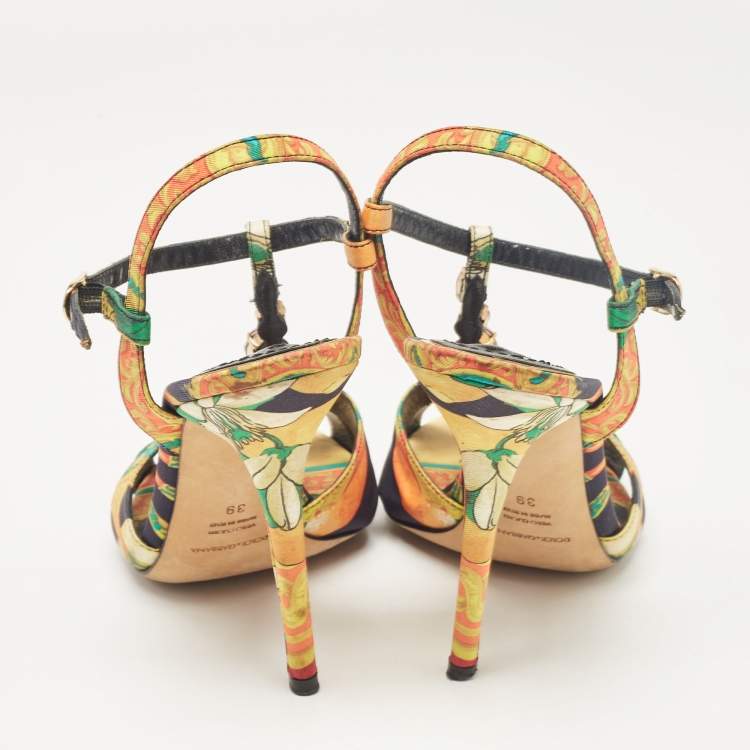 Pre Owned Dolce & Gabbana Multicolor Canvas Crystal Embellished Ankle Strap Sandals Size 39