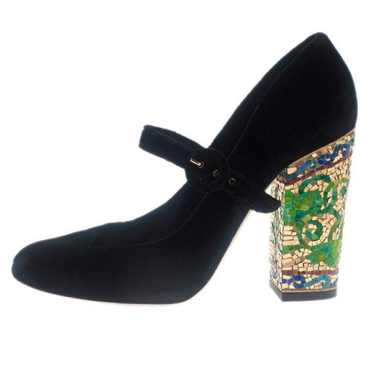 Pre Owned Dolce & Gabbana Black Velvet Embellished Heel Mary Jane Pumps Size 39