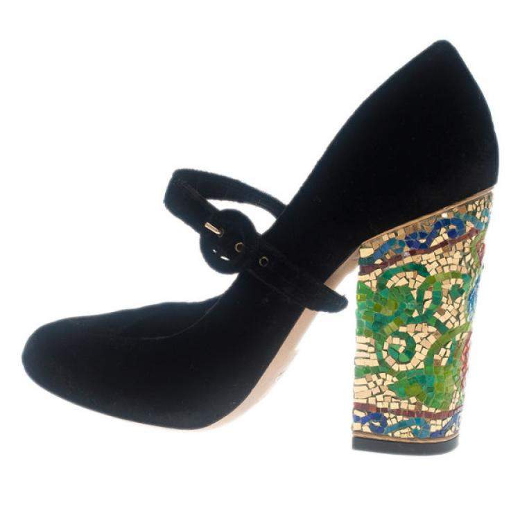 Pre Owned Dolce & Gabbana Black Velvet Embellished Heel Mary Jane Pumps Size 39