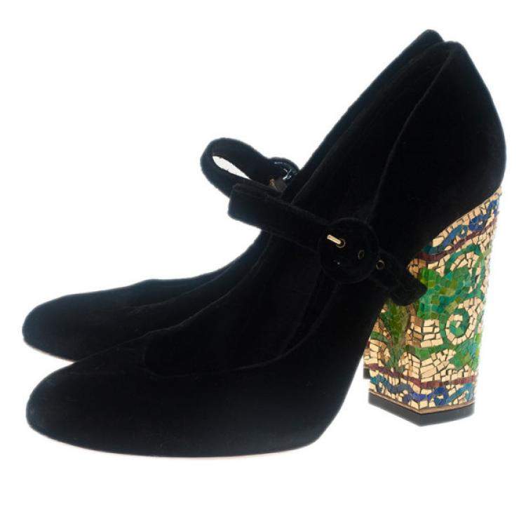 Pre Owned Dolce & Gabbana Black Velvet Embellished Heel Mary Jane Pumps Size 39