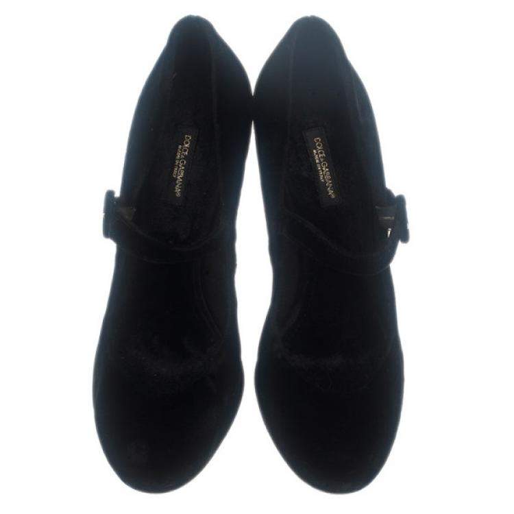 Pre Owned Dolce & Gabbana Black Velvet Embellished Heel Mary Jane Pumps Size 39