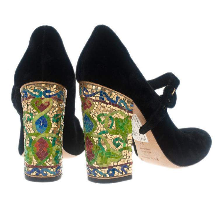 Pre Owned Dolce & Gabbana Black Velvet Embellished Heel Mary Jane Pumps Size 39
