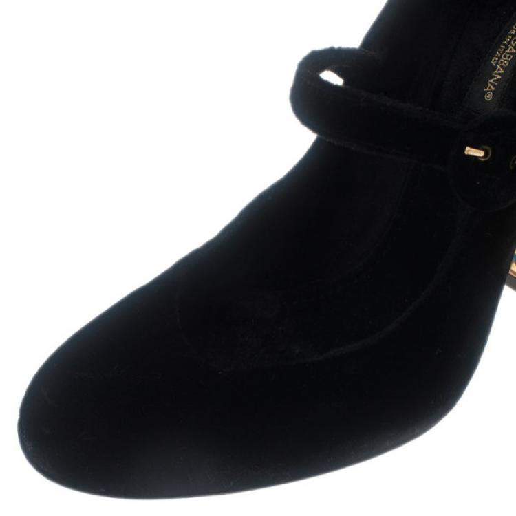 Pre Owned Dolce & Gabbana Black Velvet Embellished Heel Mary Jane Pumps Size 39