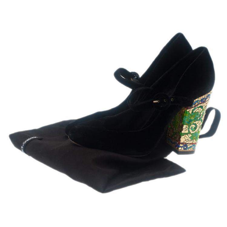 Pre Owned Dolce & Gabbana Black Velvet Embellished Heel Mary Jane Pumps Size 39