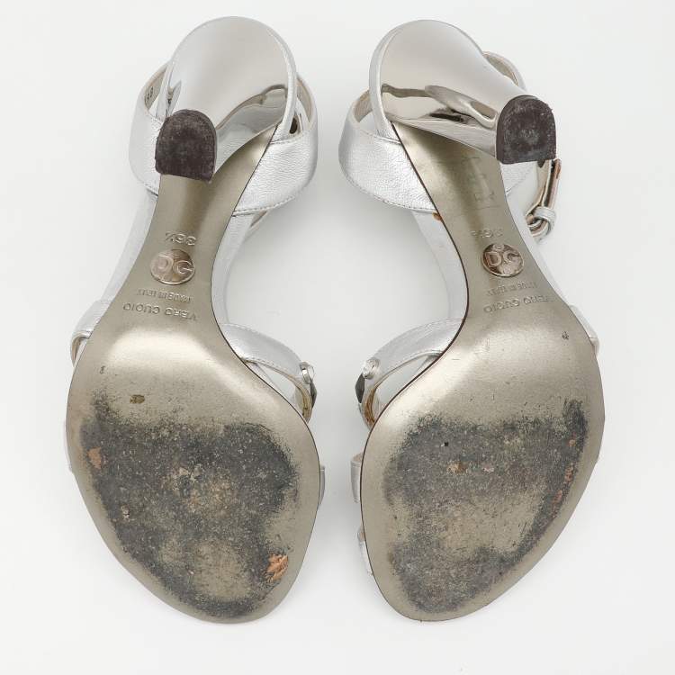 Pre Owned Dolce & Gabbana Silver Leather Embellished Ankle Strap Sandals Size 36.5