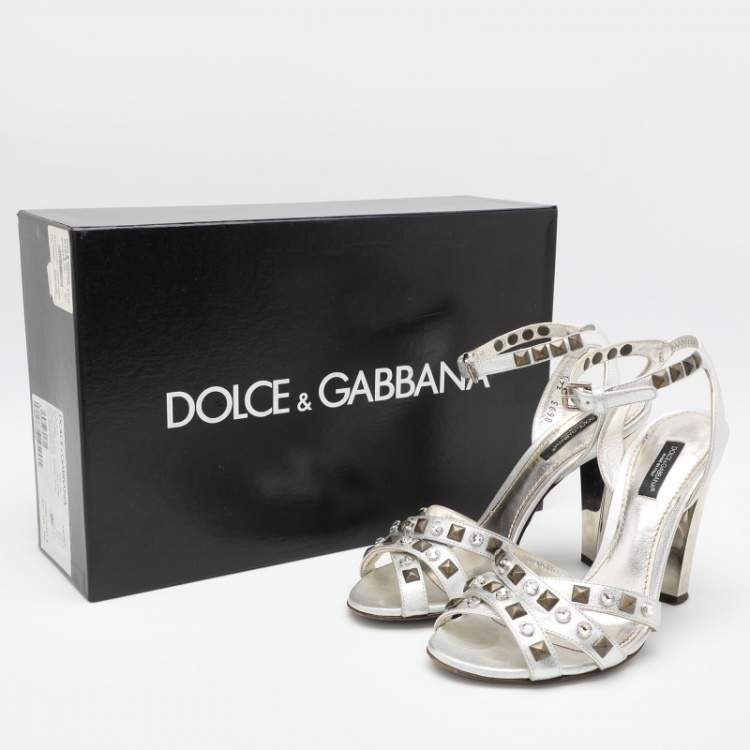 Pre Owned Dolce & Gabbana Silver Leather Embellished Ankle Strap Sandals Size 36.5