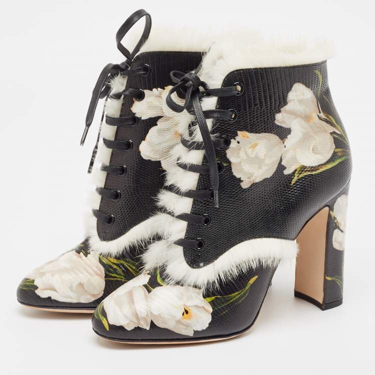 Pre Owned Dolce & Gabbana Black Fur and Lizard Embossed Leather Ankle Length Boots Size 39