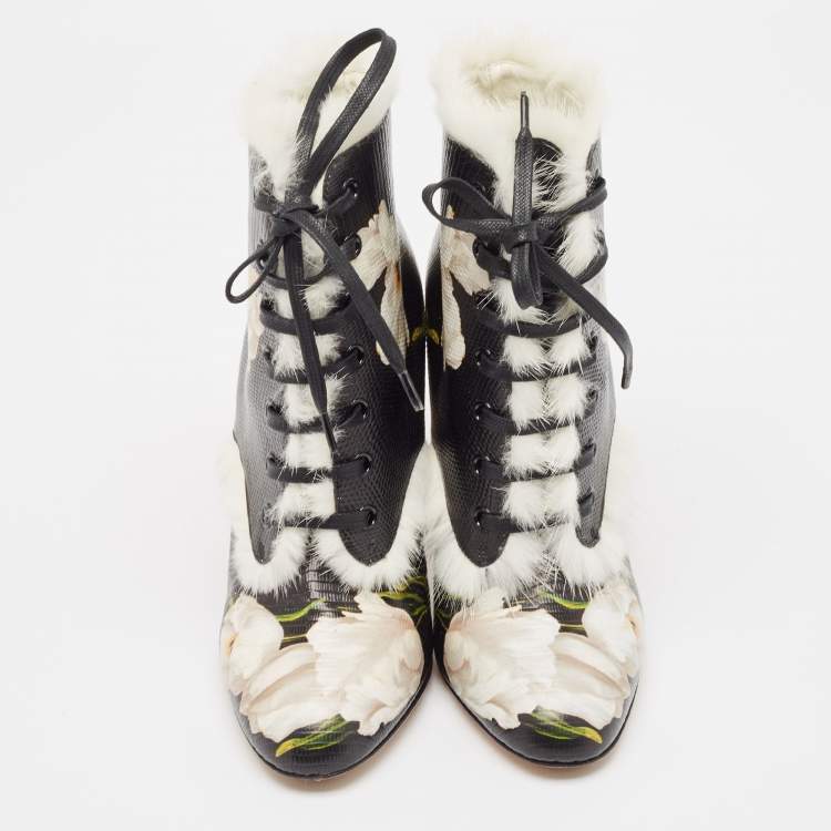 Pre Owned Dolce & Gabbana Black Fur and Lizard Embossed Leather Ankle Length Boots Size 39