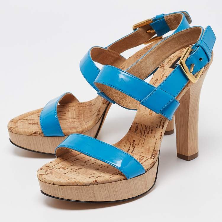 Pre Owned D&G Blue Patent Leather Ankle Strap Sandals Size 37.5