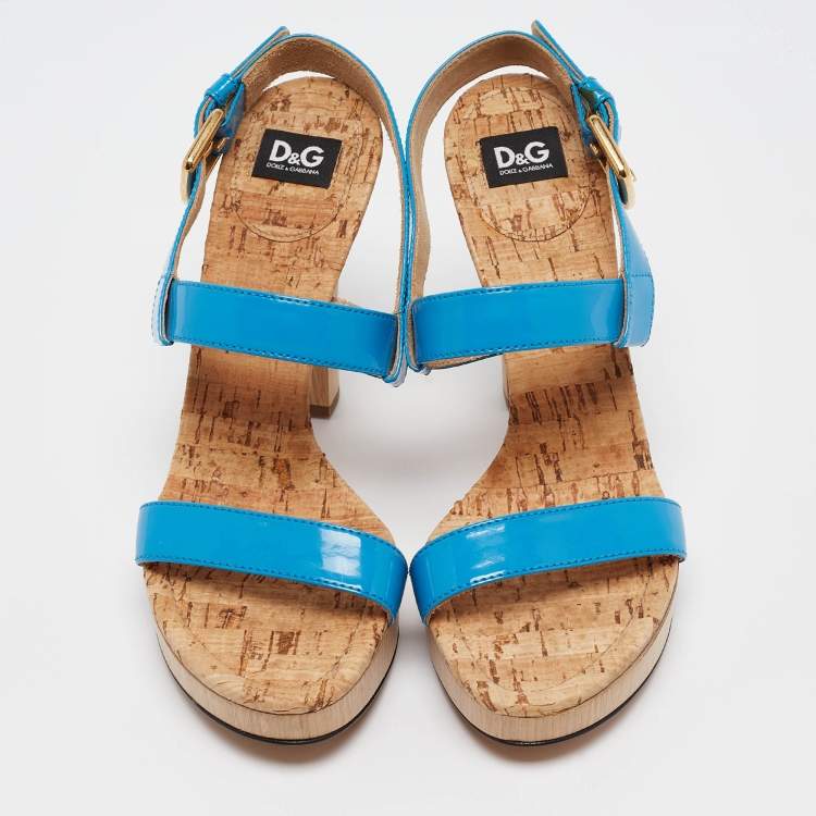 Pre Owned D&G Blue Patent Leather Ankle Strap Sandals Size 37.5