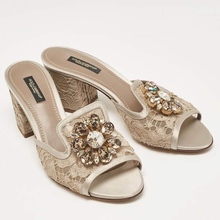 Pre Owned Dolce & Gabbana Beige/Silver Satin Sofia Slide Sandals Size 38