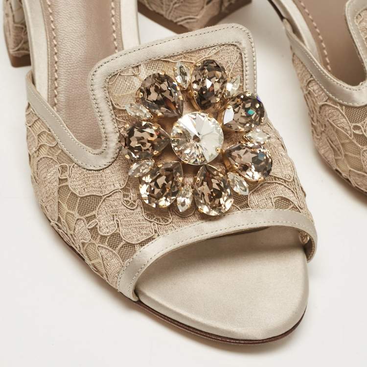 Pre Owned Dolce & Gabbana Beige/Silver Satin Sofia Slide Sandals Size 38