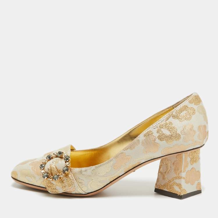 Pre Owned Dolce & Gabbana Gold Brocade Fabric Embellished Buckle Block Heel Pumps Size 41