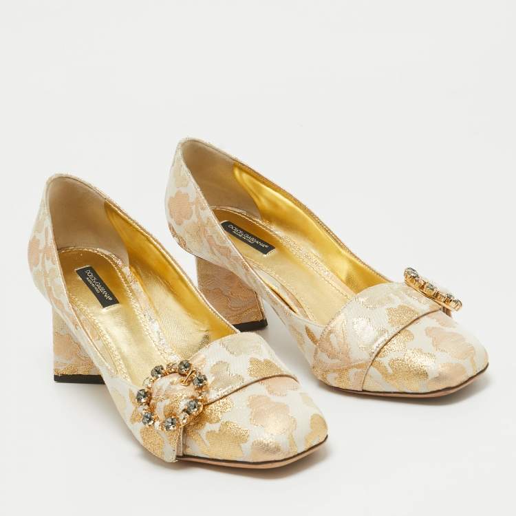 Pre Owned Dolce & Gabbana Gold Brocade Fabric Embellished Buckle Block Heel Pumps Size 41