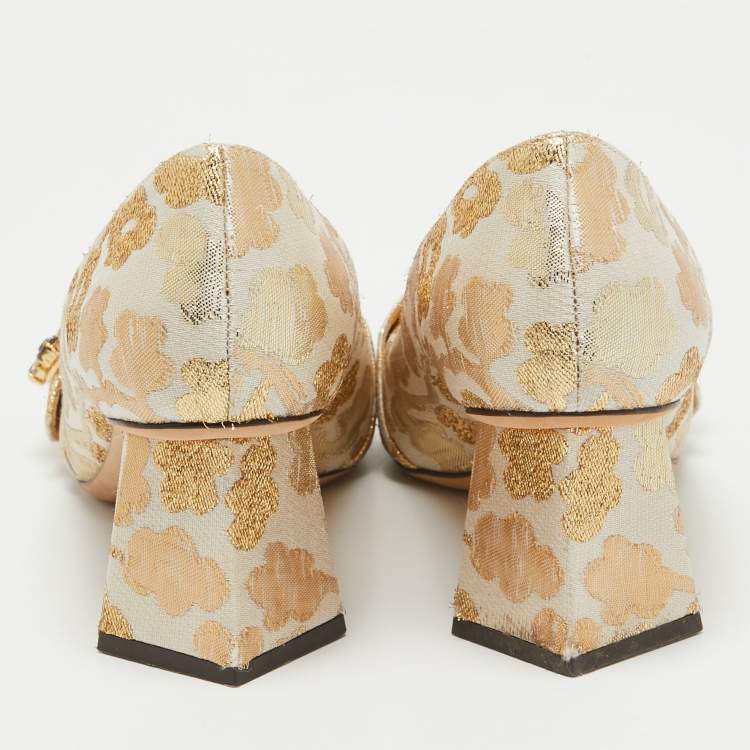 Pre Owned Dolce & Gabbana Gold Brocade Fabric Embellished Buckle Block Heel Pumps Size 41