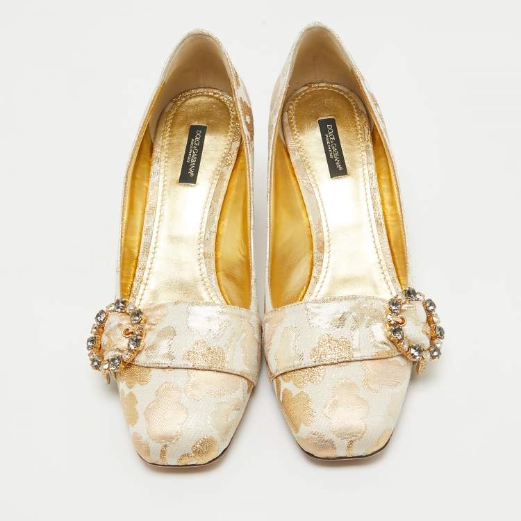 Pre Owned Dolce & Gabbana Gold Brocade Fabric Embellished Buckle Block Heel Pumps Size 41