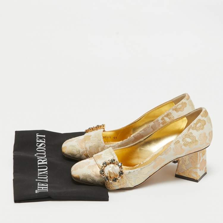 Pre Owned Dolce & Gabbana Gold Brocade Fabric Embellished Buckle Block Heel Pumps Size 41