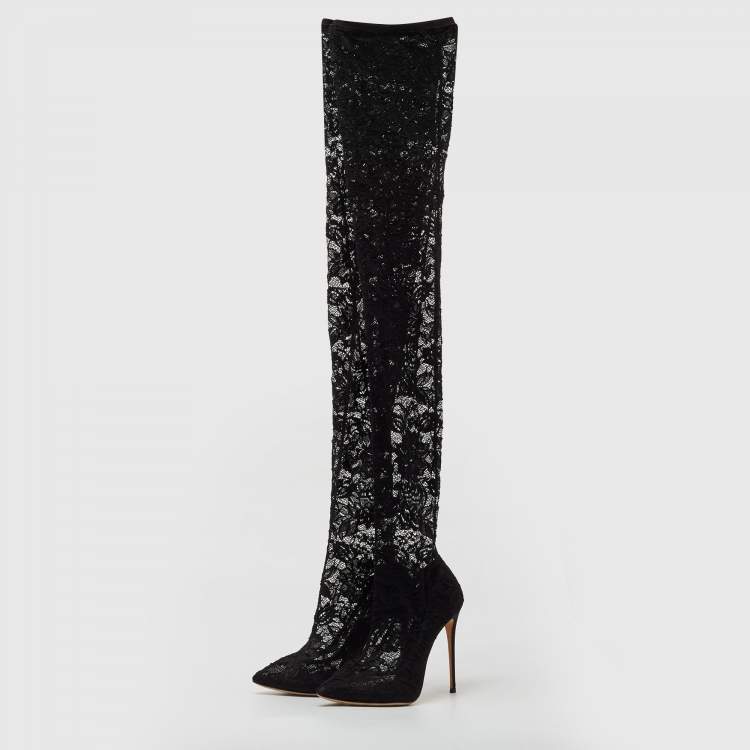 Pre Owned Dolce & Gabbana Black Lace and Mesh Knee Length Boots Size 37
