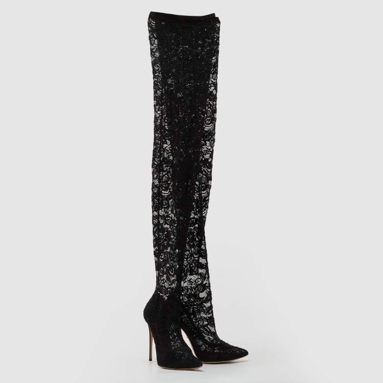 Pre Owned Dolce & Gabbana Black Lace and Mesh Knee Length Boots Size 37