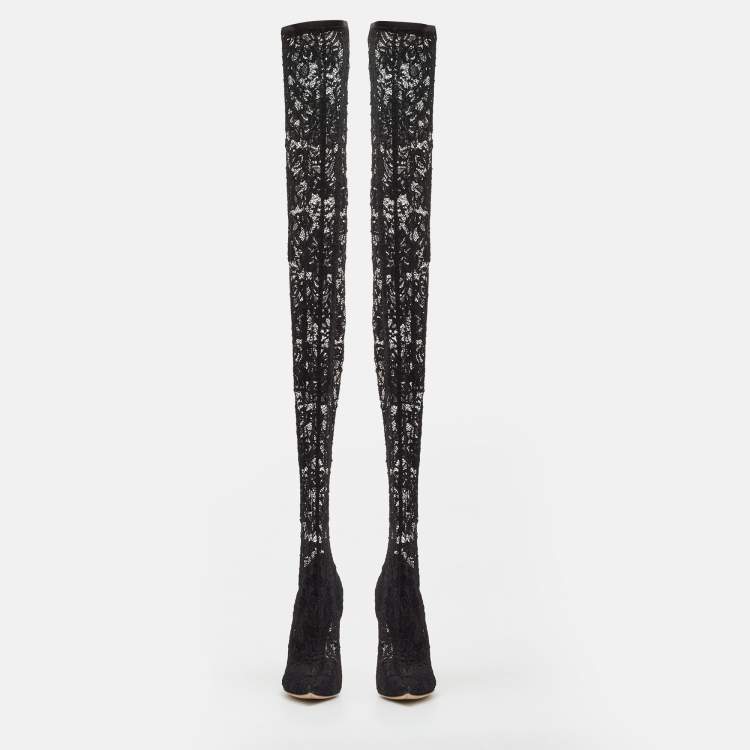 Pre Owned Dolce & Gabbana Black Lace and Mesh Knee Length Boots Size 37