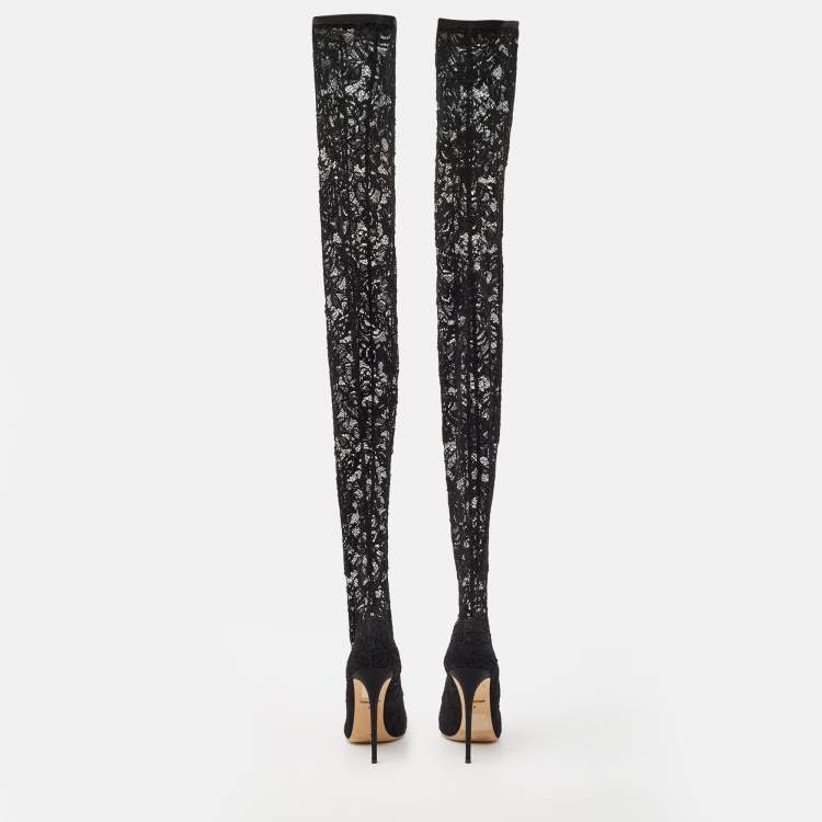 Pre Owned Dolce & Gabbana Black Lace and Mesh Knee Length Boots Size 37